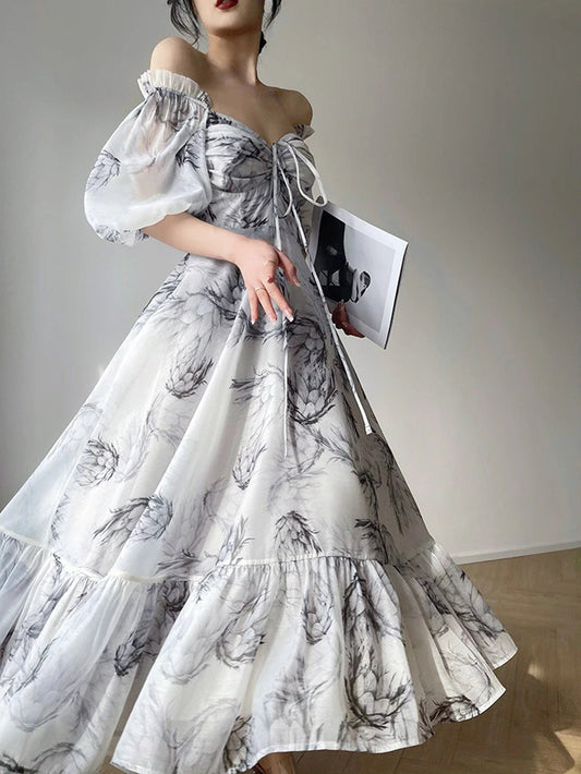 French Elegant Midi Dress | Summer Square Collar Puff Sleeve Print Ruffles | Korean Fashion Long Dress