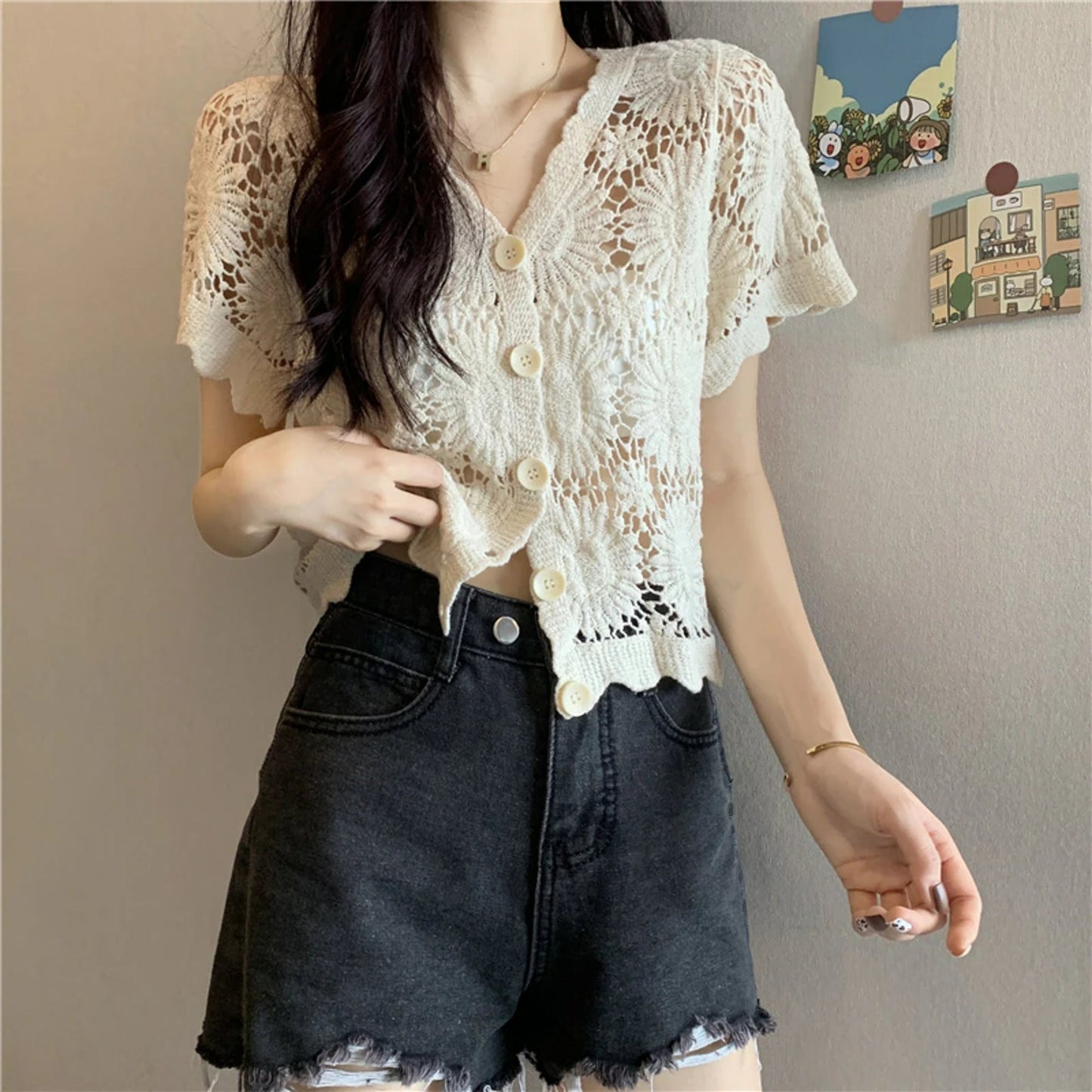 Retro Floral Knitted Summer Cardigan | Crochet Cropped Summer Cardigan | Korean Fashion Lace Blouse