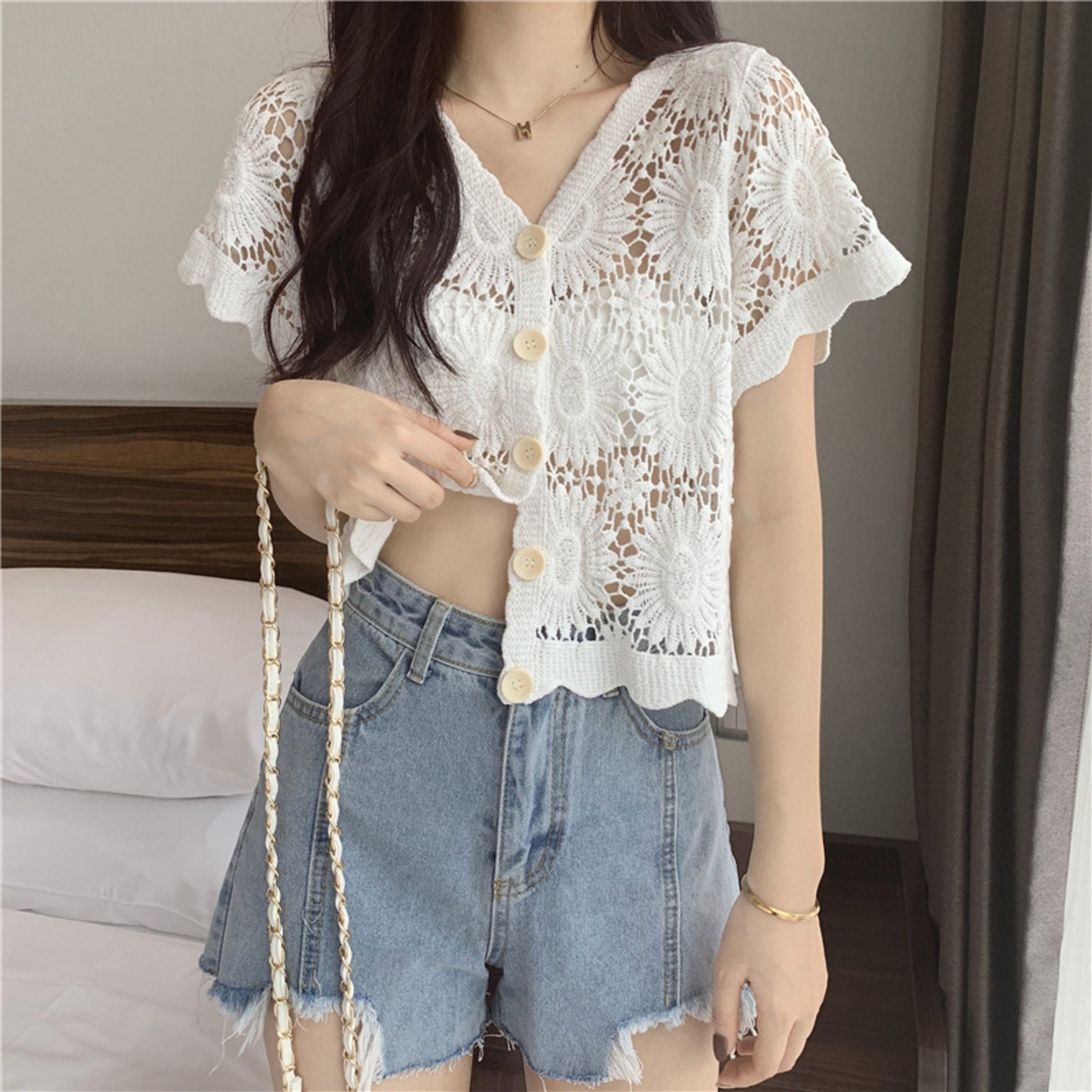 Retro Floral Knitted Summer Cardigan | Crochet Cropped Summer Cardigan | Korean Fashion Lace Blouse