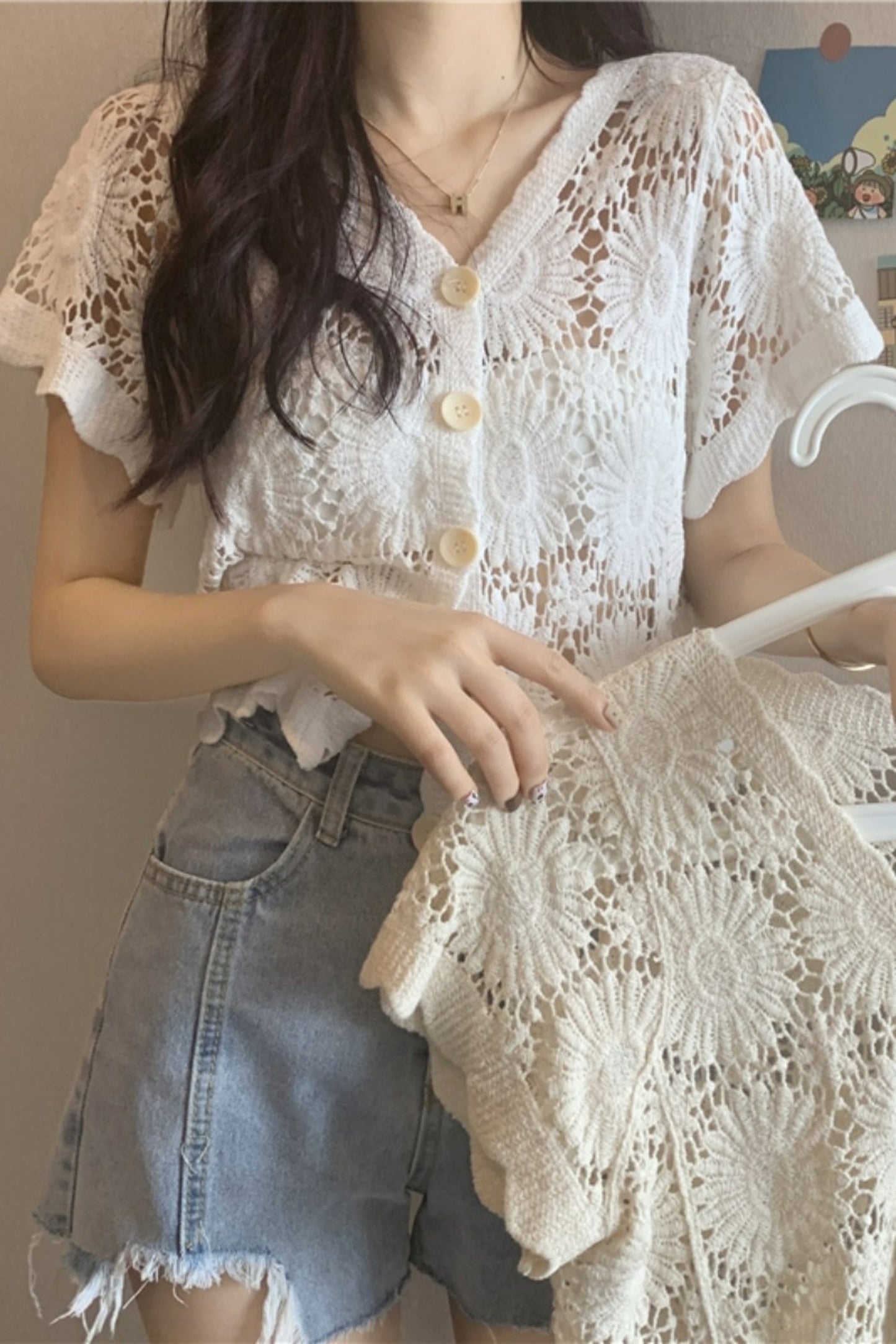 Retro Floral Knitted Summer Cardigan | Crochet Cropped Summer Cardigan | Korean Fashion Lace Blouse