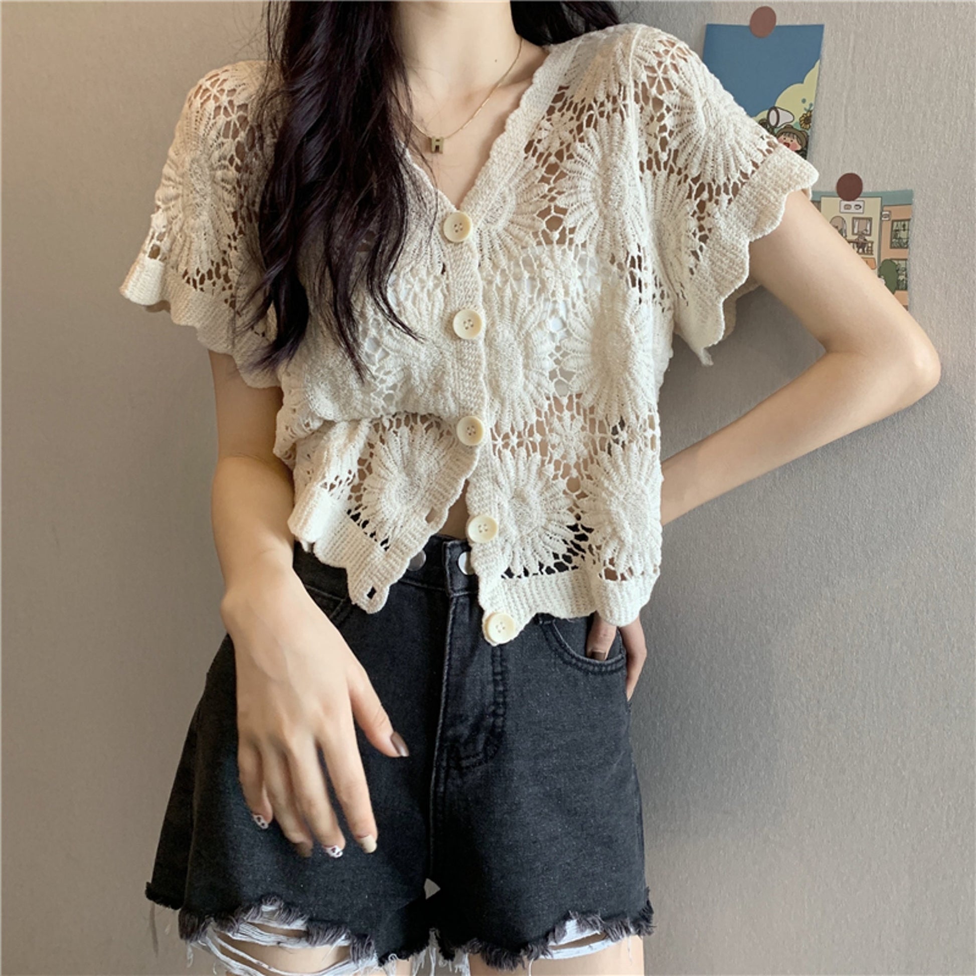 Retro Floral Knitted Summer Cardigan | Crochet Cropped Summer Cardigan | Korean Fashion Lace Blouse