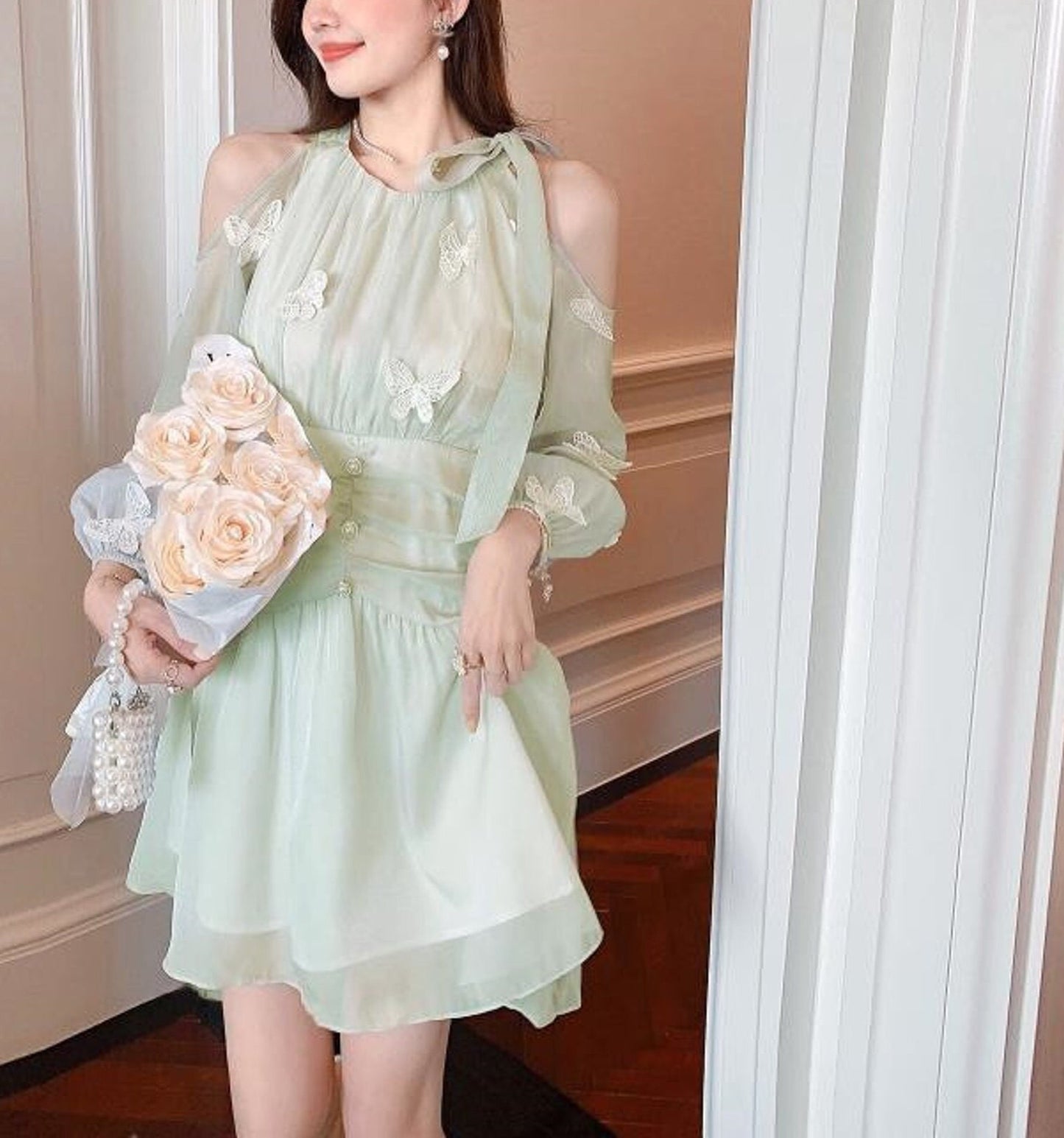 Kawaii Sea Green Butterfly Detailed Lace Dress | Tulle Dress | Mini Korean Fashion Princess Dress