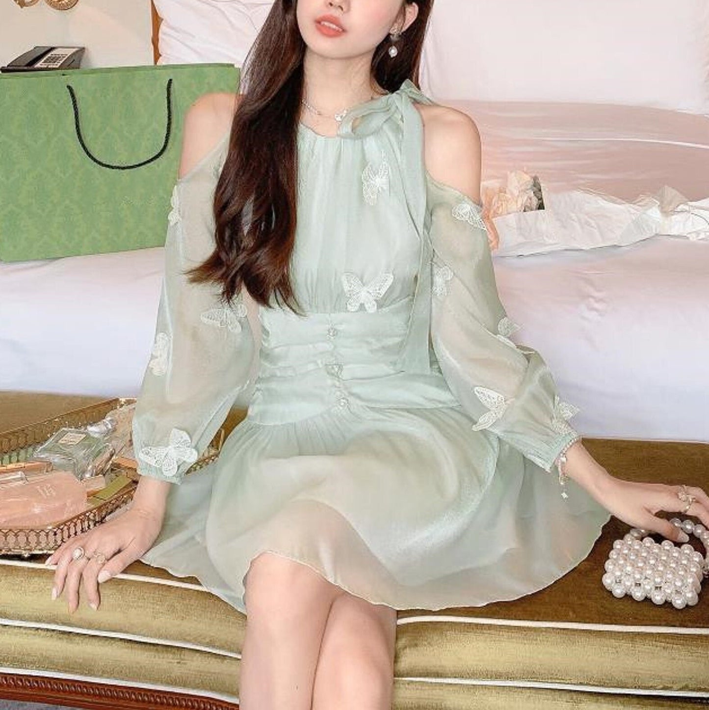 Kawaii Sea Green Butterfly Detailed Lace Dress | Tulle Dress | Mini Korean Fashion Princess Dress